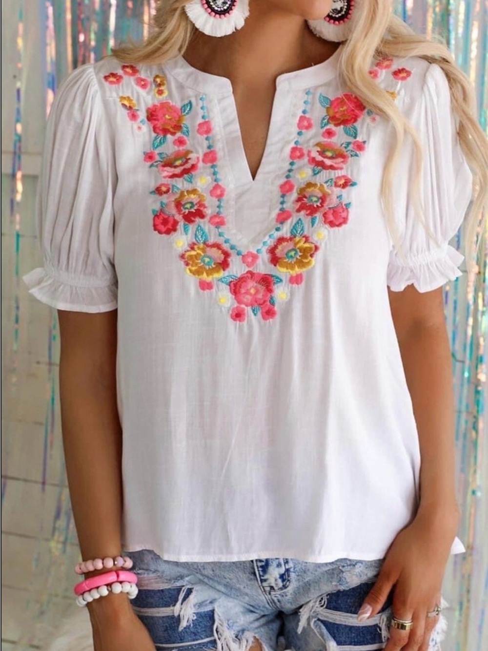 Embroidered V-Neck White Puff Sleeve Top